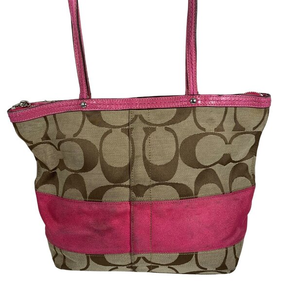 2009 COACH Signature Collection Khaki Pink Stripe Tote F13548 NO TAG - Picture 3 of 13